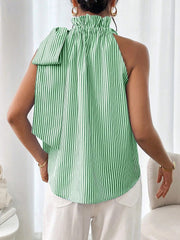 Sleeveless Striped Turtleneck Bow Tie Blouse
