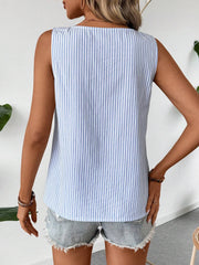 Sleeveless Striped Irregular Neck Button Decor Blouse