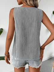 Sleeveless Striped Irregular Neck Button Decor Blouse