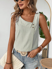 Sleeveless Striped Irregular Neck Button Decor Blouse