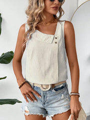 Sleeveless Striped Irregular Neck Button Decor Blouse