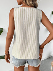 Sleeveless Striped Irregular Neck Button Decor Blouse