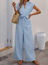 Sleeveless Notch Neck Striped Pocketed Wide Legs Jumpsuits