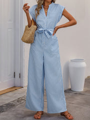 Sleeveless Notch Neck Striped Pocketed Wide Legs Jumpsuits