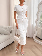 Textured Short Sleeves Button Decor Bodycon Dress