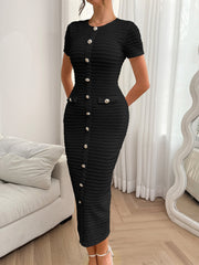 Textured Short Sleeves Button Decor Bodycon Dress