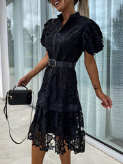 Puff Short Sleeves Lace Belted Midi Dress