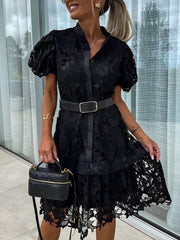 Puff Short Sleeves Lace Belted Midi Dress