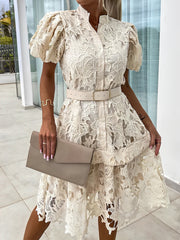 Puff Short Sleeves Lace Belted Midi Dress