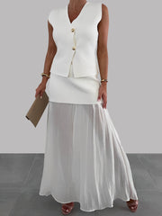 2 Pieces Sleeveless Vest & Maxi Patchwork Sheer Skirt Set