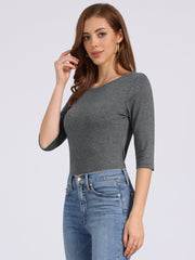 Casual Boat Neck 3/4 Sleeve Solid Basic T-shirt