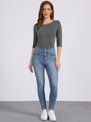 Casual Boat Neck 3/4 Sleeve Solid Basic T-shirt