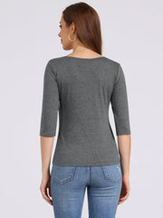 Casual Boat Neck 3/4 Sleeve Solid Basic T-shirt