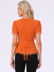 Sweetheart Neck Puff Short Sleeve Lace Up Gothic Blouse