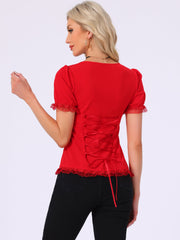 Sweetheart Neck Puff Short Sleeve Lace Up Gothic Blouse