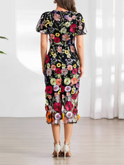 Flower Embroidered Puff Sleeves Midi Sheath Dress