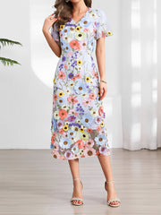 Flower Embroidered Puff Sleeves Midi Sheath Dress