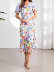 Flower Embroidered Puff Sleeves Midi Sheath Dress