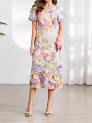 Flower Embroidered Puff Sleeves Midi Sheath Dress