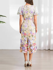 Flower Embroidered Puff Sleeves Midi Sheath Dress