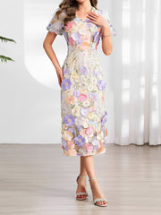 Flower Embroidered Puff Sleeves Midi Sheath Dress