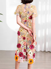 Flower Embroidered Puff Sleeves Midi Sheath Dress