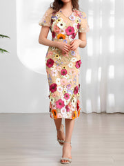 Flower Embroidered Puff Sleeves Midi Sheath Dress