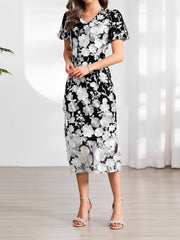 Flower Embroidered Puff Sleeves Midi Sheath Dress