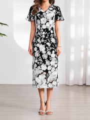 Flower Embroidered Puff Sleeves Midi Sheath Dress