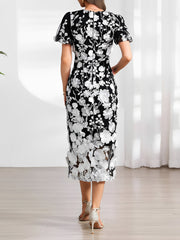 Flower Embroidered Puff Sleeves Midi Sheath Dress