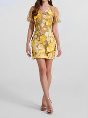 Flower Embroidered Puff Sleeves Mini Sheath Dress