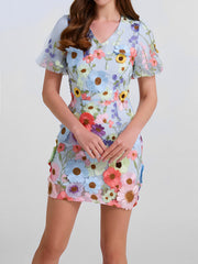 Flower Embroidered Puff Sleeves Mini Sheath Dress