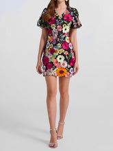 Flower Embroidered Puff Sleeves Mini Sheath Dress