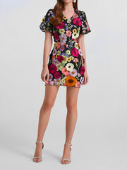 Flower Embroidered Puff Sleeves Mini Sheath Dress