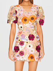 Flower Embroidered Puff Sleeves Mini Sheath Dress