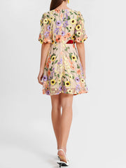 Flower Embroidered Puff Sleeves Mini A-Line Dress