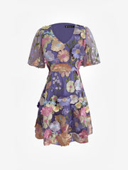 Flower Embroidered Puff Sleeves Mini A-Line Dress