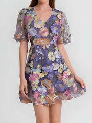Flower Embroidered Puff Sleeves Mini A-Line Dress