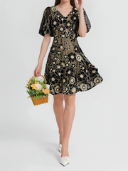 Flower Embroidered Puff Sleeves Mini A-Line Dress