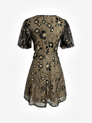 Flower Embroidered Puff Sleeves Mini A-Line Dress