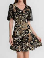 Flower Embroidered Puff Sleeves Mini A-Line Dress