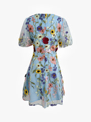 Flower Embroidered Puff Sleeves Mini A-Line Dress