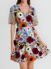 Flower Embroidered Puff Sleeves Mini A-Line Dress