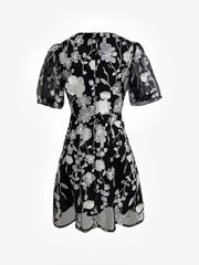 Flower Embroidered Puff Sleeves Mini A-Line Dress