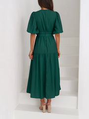 Solid Color V Neck Lantern Sleeve Tiered Maxi Dress