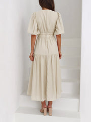 Solid Color V Neck Lantern Sleeve Tiered Maxi Dress