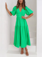 Solid Color V Neck Lantern Sleeve Tiered Maxi Dress