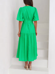 Solid Color V Neck Lantern Sleeve Tiered Maxi Dress