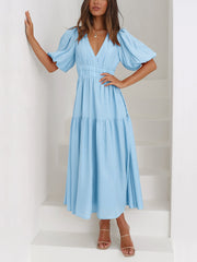 Solid Color V Neck Lantern Sleeve Tiered Maxi Dress