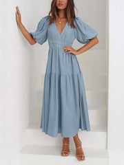 Solid Color V Neck Lantern Sleeve Tiered Maxi Dress